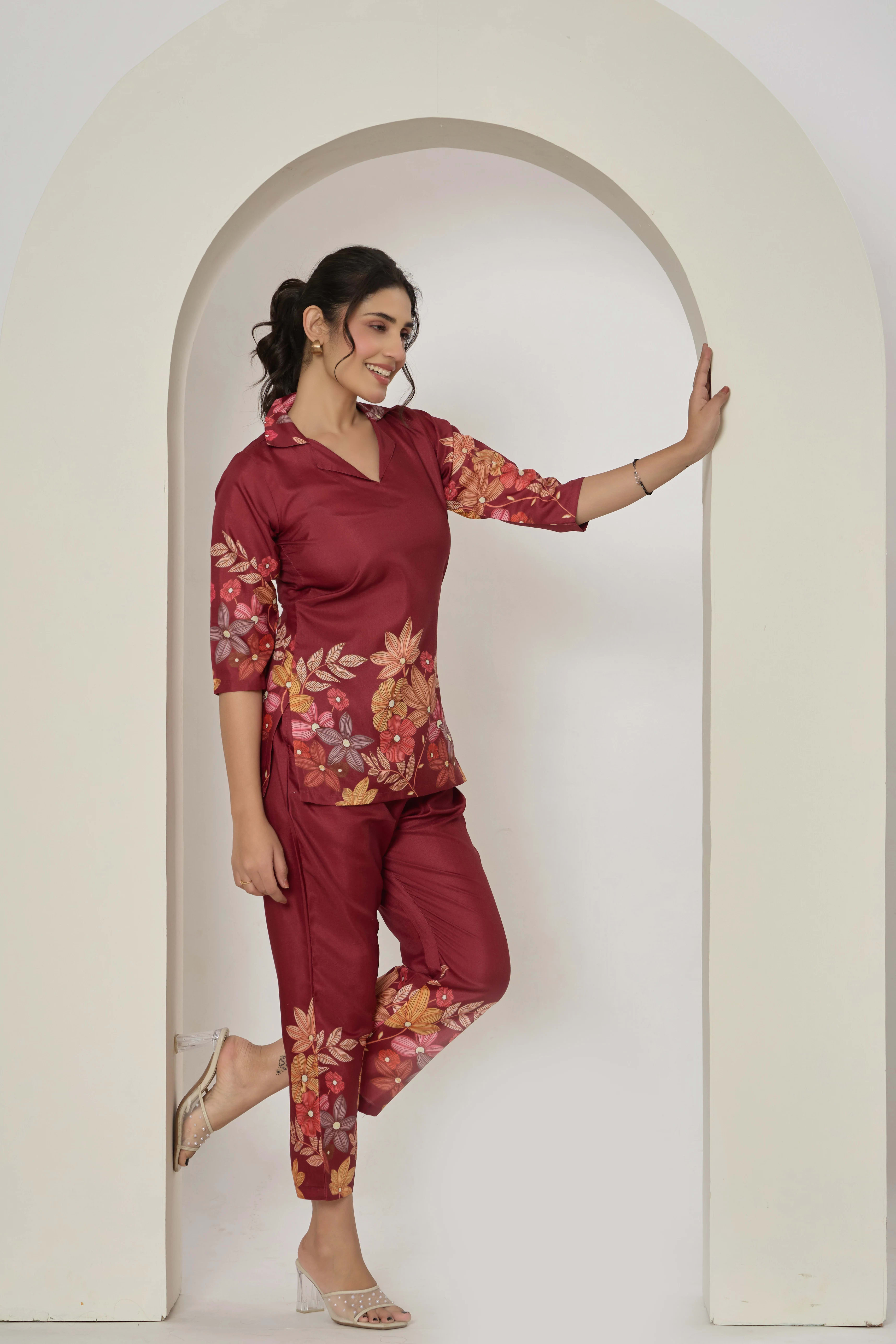 Floral printed cotton blend co-ord set with button-down top and matching trousers. thumbnail 3