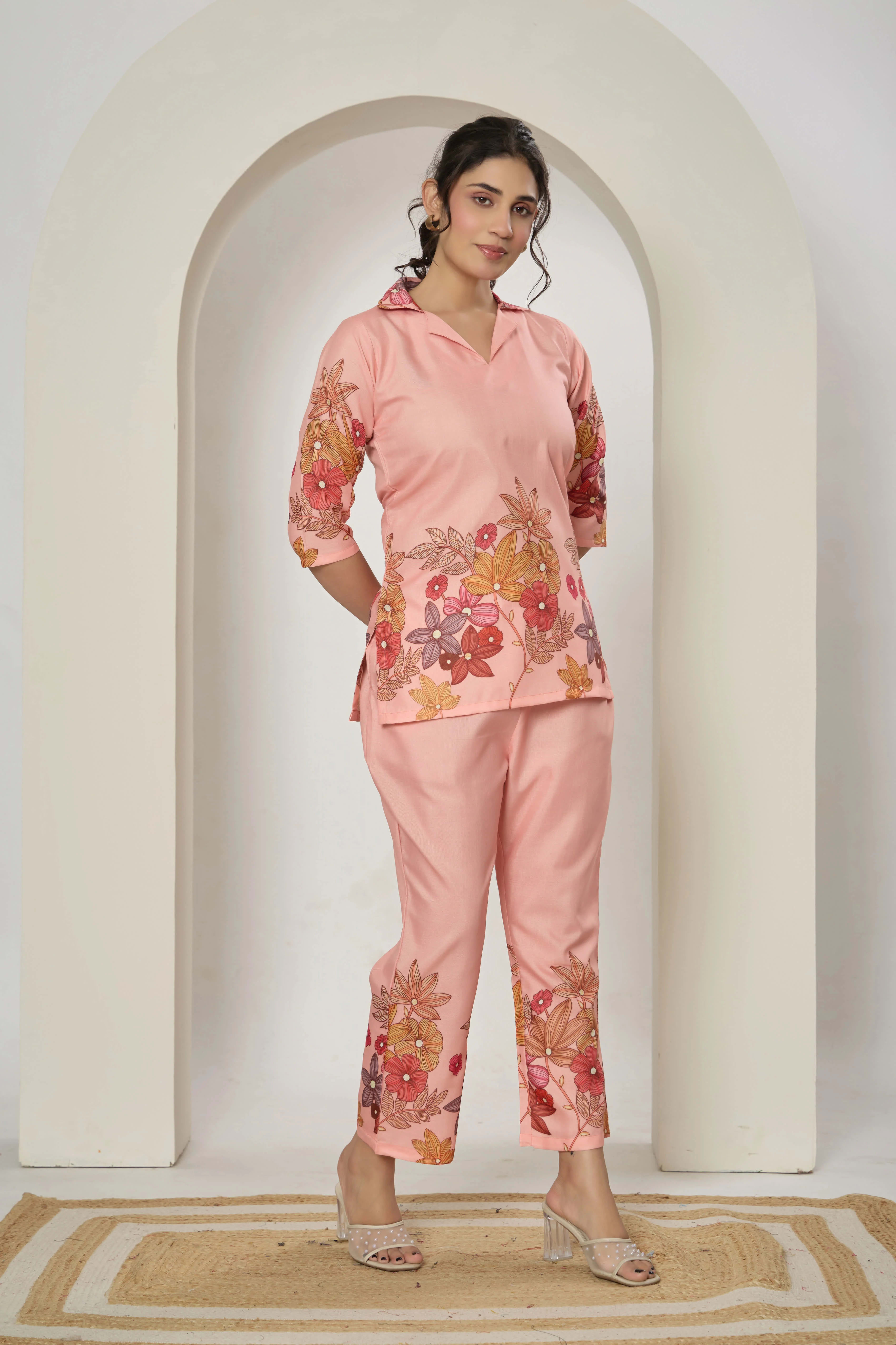 Floral printed cotton blend co-ord set with button-down top and matching trousers. thumbnail 3