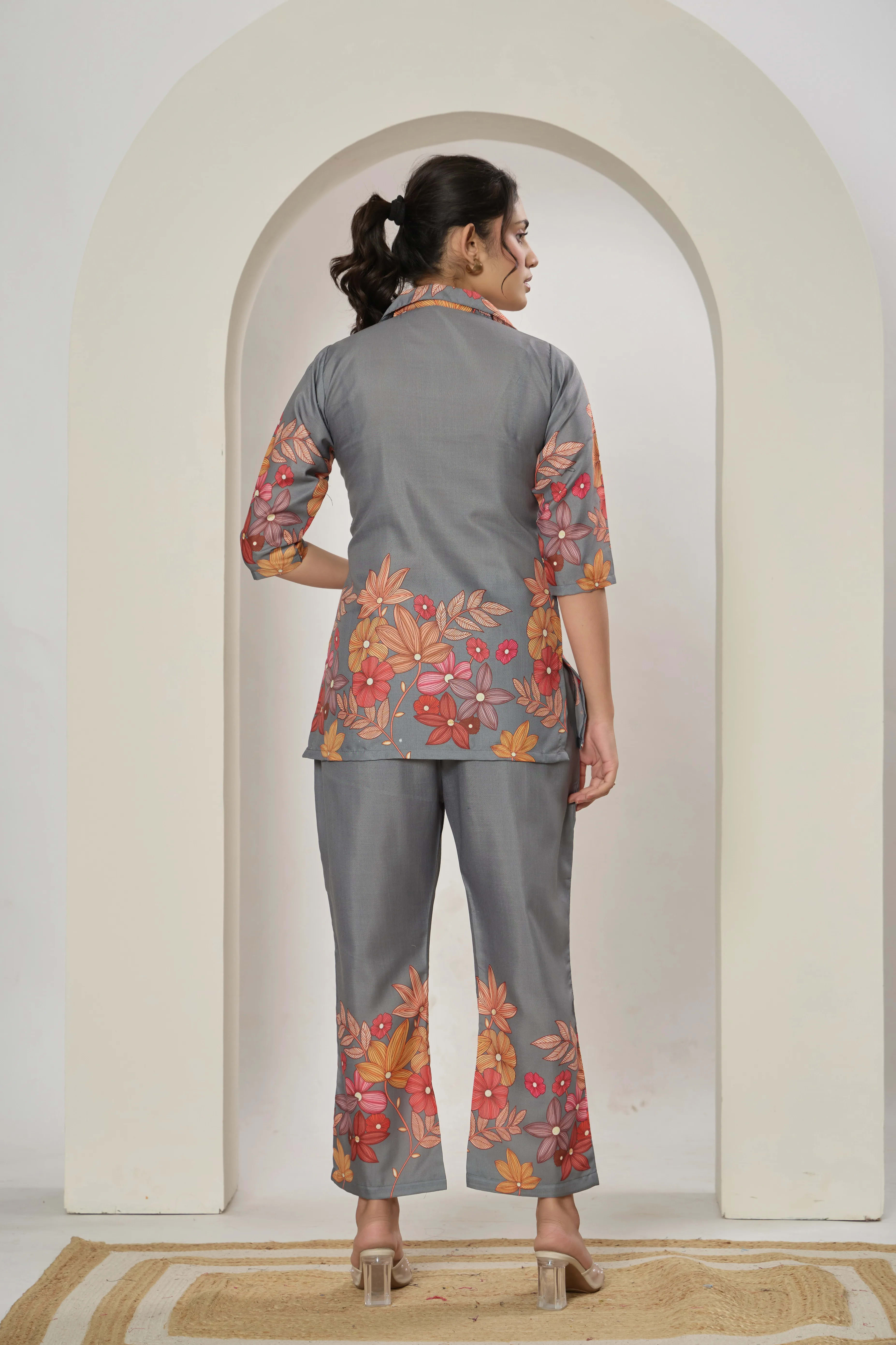 Grey Floral printed cotton blend co-ord set with button-down top and matching trousers. thumbnail 1