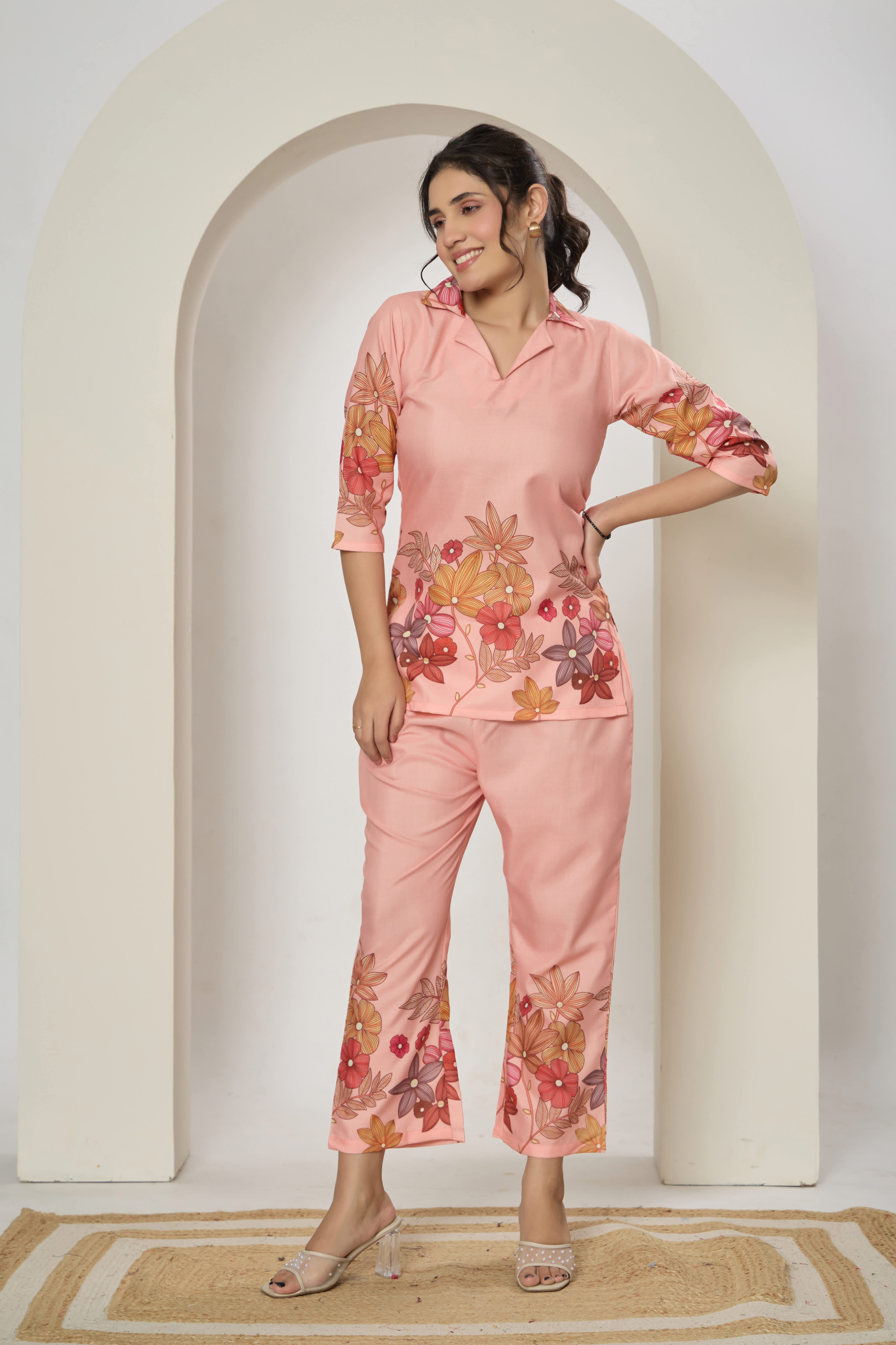 Floral printed cotton blend co-ord set with button-down top and matching trousers. thumbnail 4
