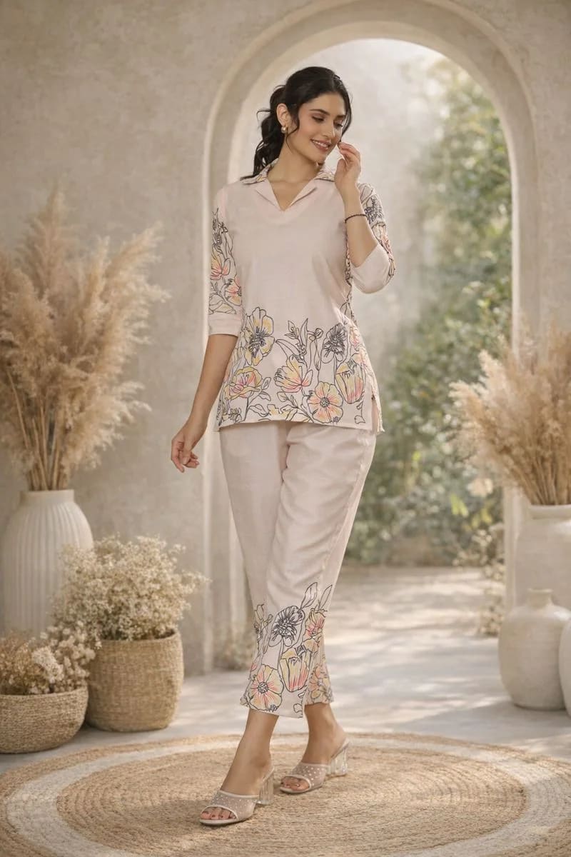 Printed cotton blend co-ord set featuring a shirt-style top with three-quarter sleeves and straight-fit pants. Regular fit, comfortable fabric, and easy-care machine wash. thumbnail 1