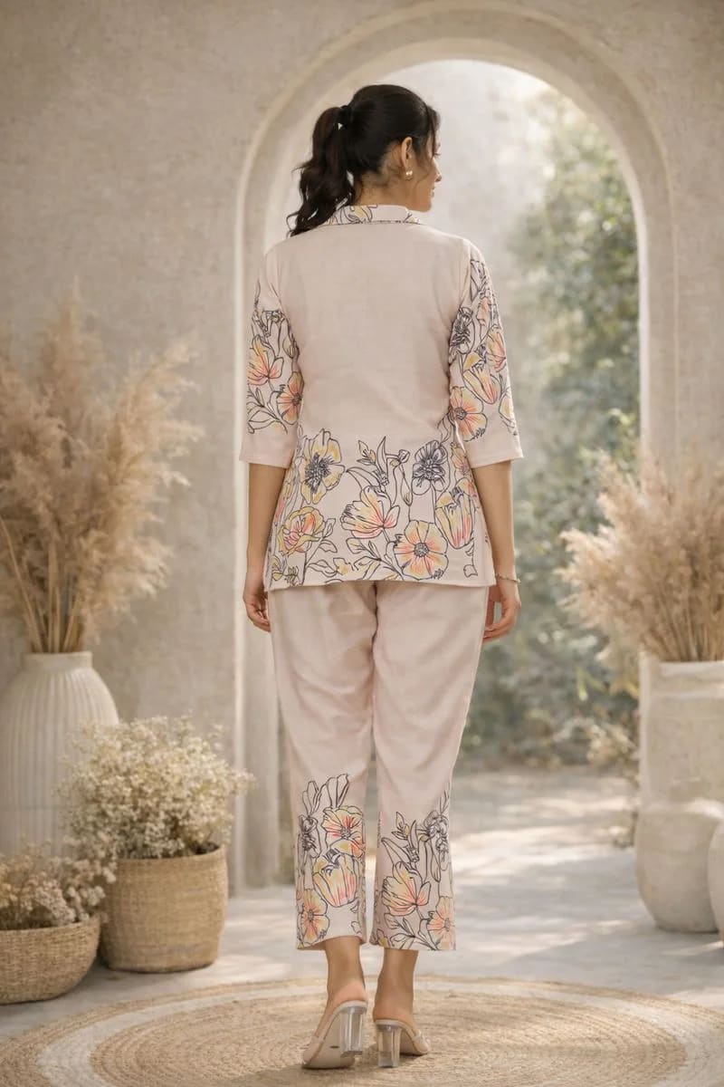 Printed cotton blend co-ord set featuring a shirt-style top with three-quarter sleeves and straight-fit pants. Regular fit, comfortable fabric, and easy-care machine wash. thumbnail 2