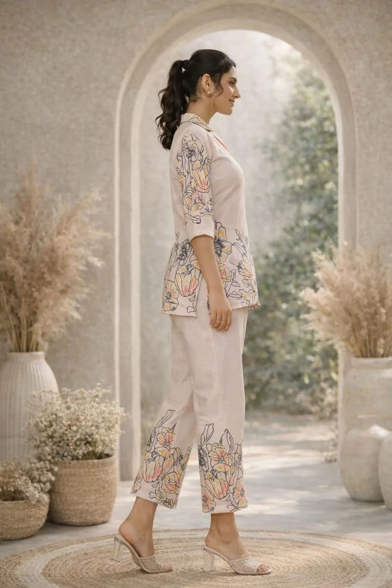 Printed cotton blend co-ord set featuring a shirt-style top with three-quarter sleeves and straight-fit pants. Regular fit, comfortable fabric, and easy-care machine wash. thumbnail 3