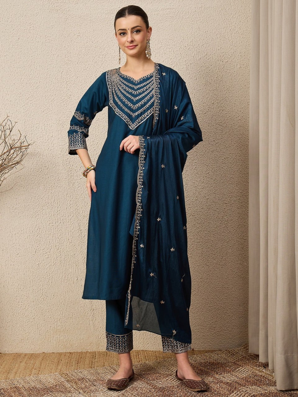 Embroidered Roman Silk 3-Piece Suit Set with Dupatta