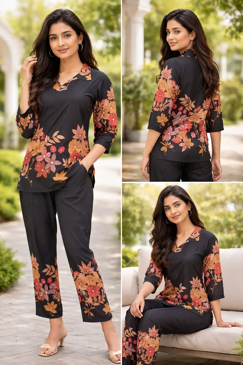 Floral printed cotton blend co-ord set with button-down top and matching trousers.