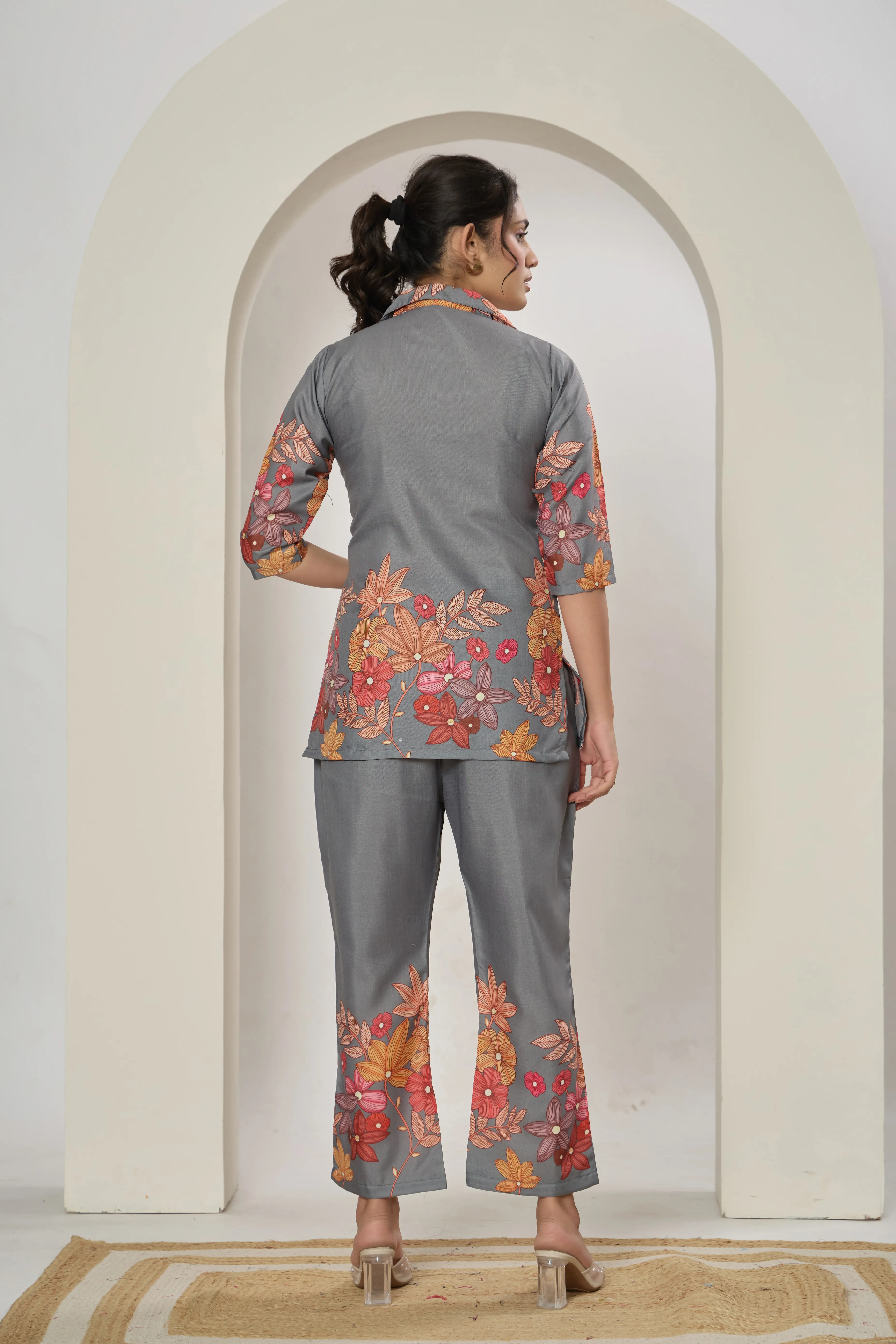 Grey Floral printed cotton blend co-ord set with button-down top and matching trousers.