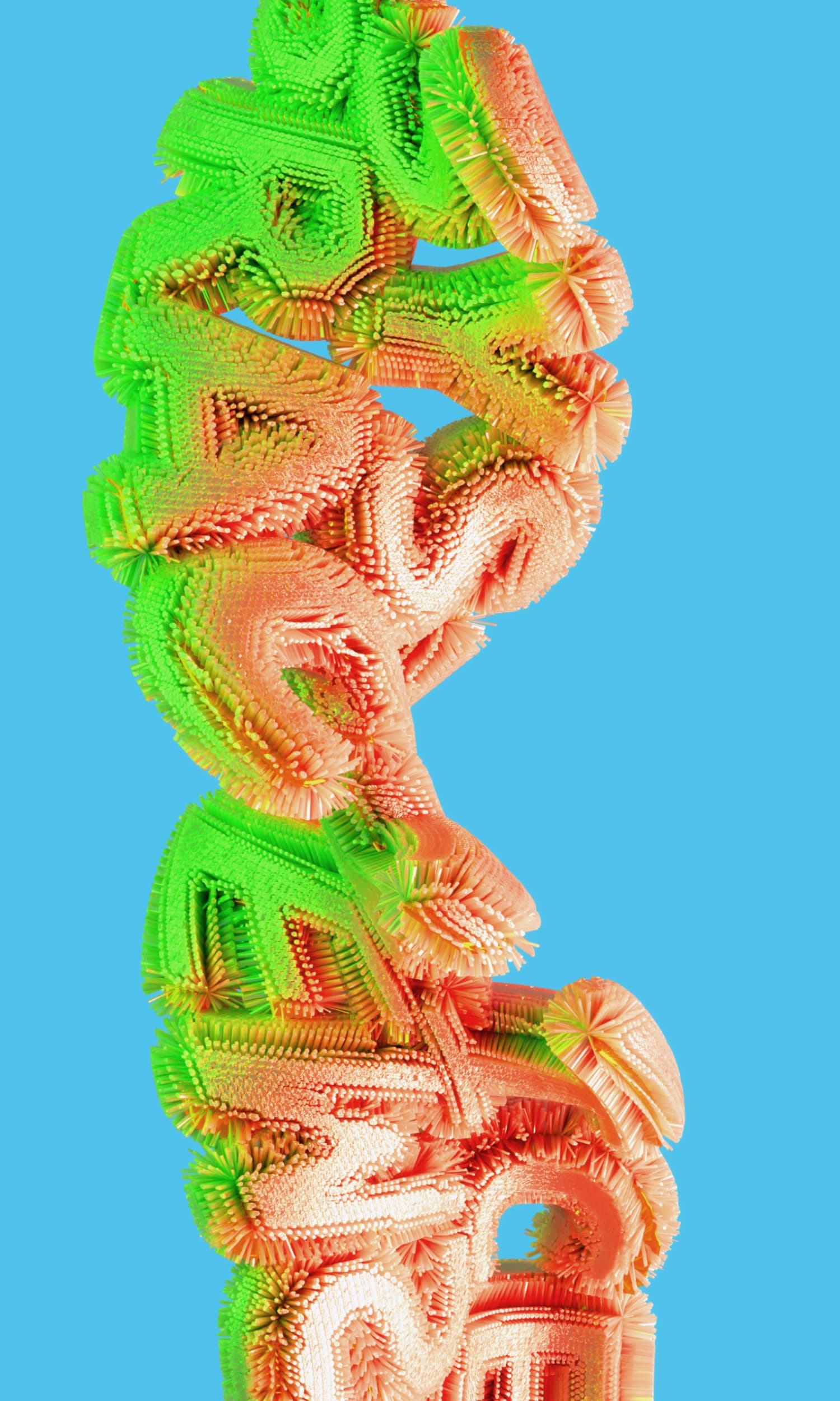 Green and coral textured forms twisting vertically against a blue background.