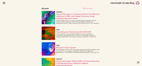 Minohealth AI Labs blog homepage showing the clean, paper-like design and latest research articles