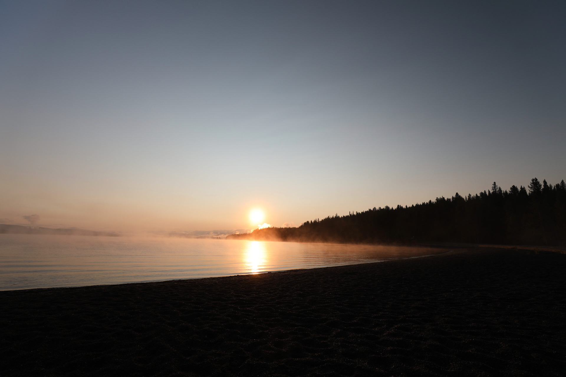 Misty Sunrise Over Lake Yellowstone