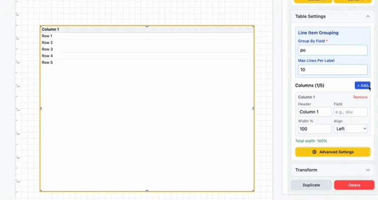 Tables and line items feature showing dynamic row generation for packing slips