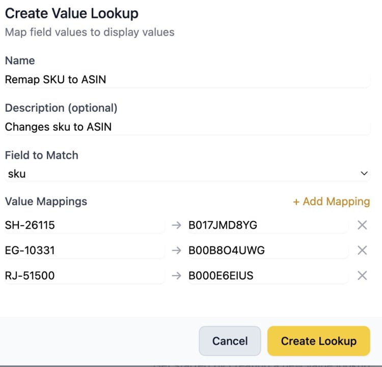 Value lookup feature showing SKU to product name translation