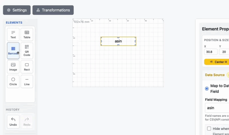 Drag and drop label builder with pixel-perfect positioning