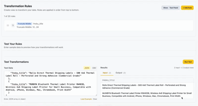 Data transformation feature showing FNSKU label formatting
