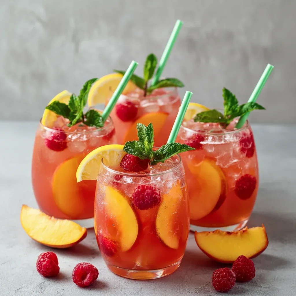 A pitcher of raspberry peach lemonade with glasses.