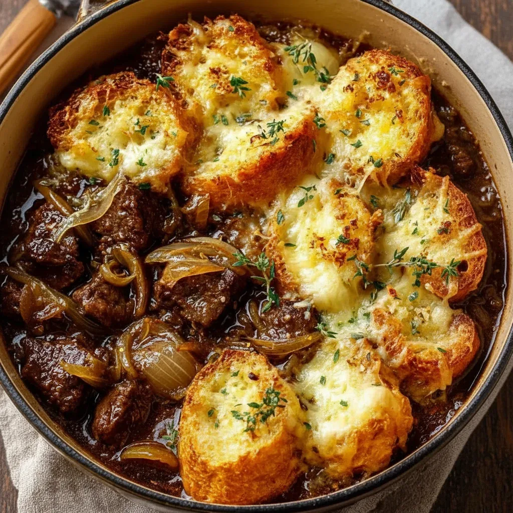 French Onion Beef Stew Cheesy Bread Topping