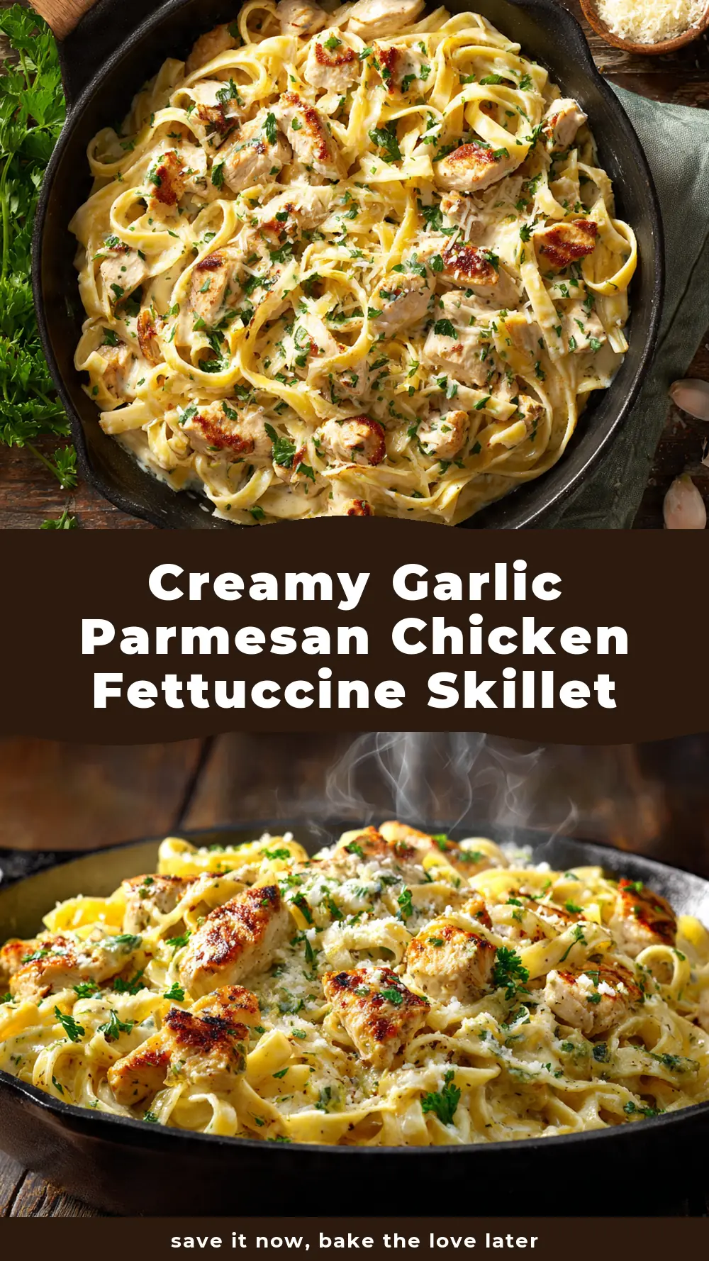 Save Creamy Garlic Parmesan Chicken Fettuccine Skillet to Pinterest