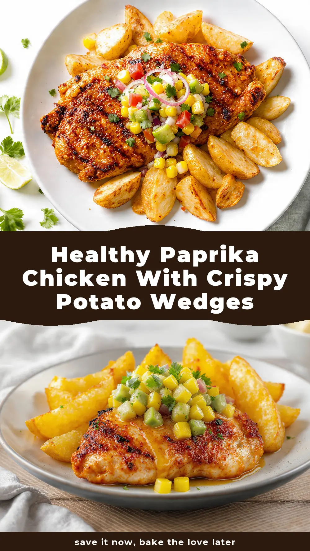 Save Healthy Paprika Chicken with Crispy Potato Wedges & Avocado Corn Salsa to Pinterest