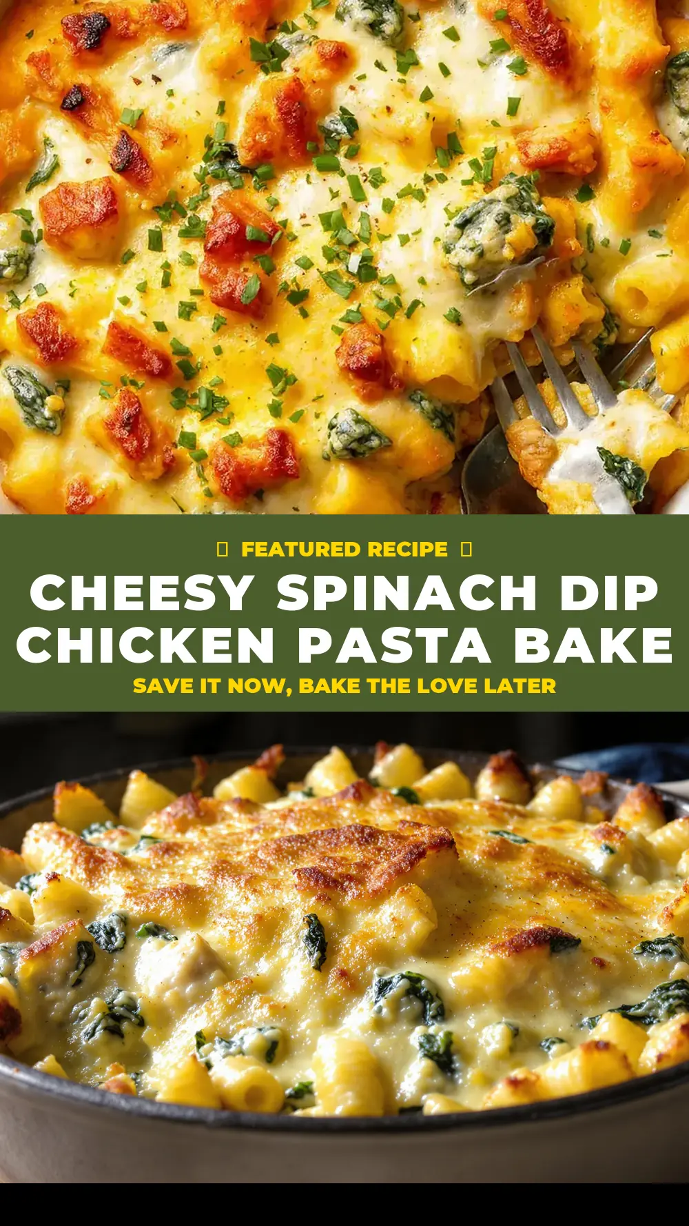 Save Cheesy Spinach Dip Chicken Pasta Bake to Pinterest