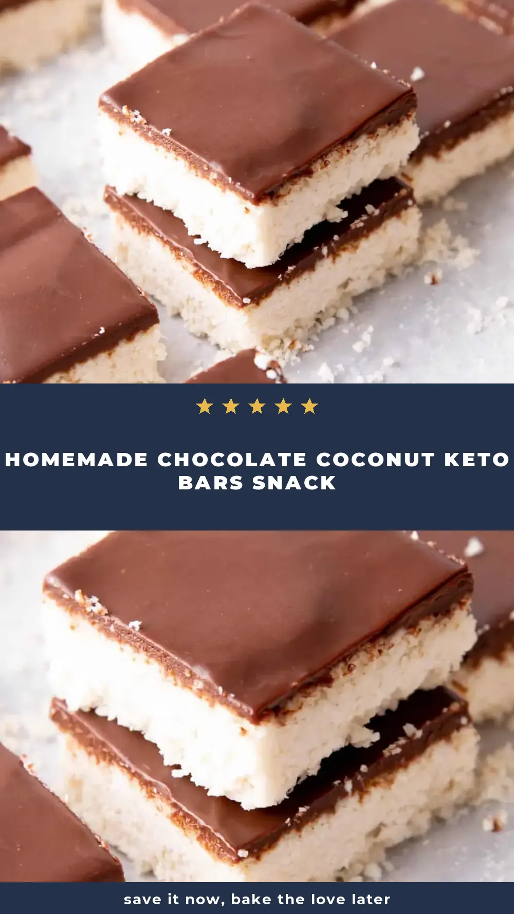 Save Homemade Chocolate Coconut Keto Bars Snack to Pinterest