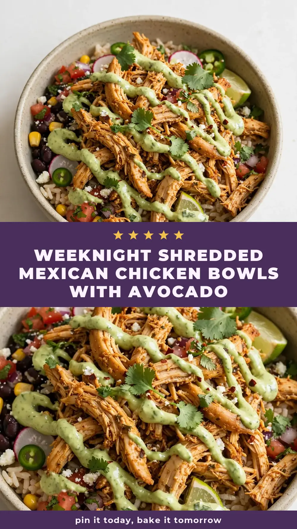 Save Shredded Mexican Chicken Bowls with Avocado Crema to Pinterest