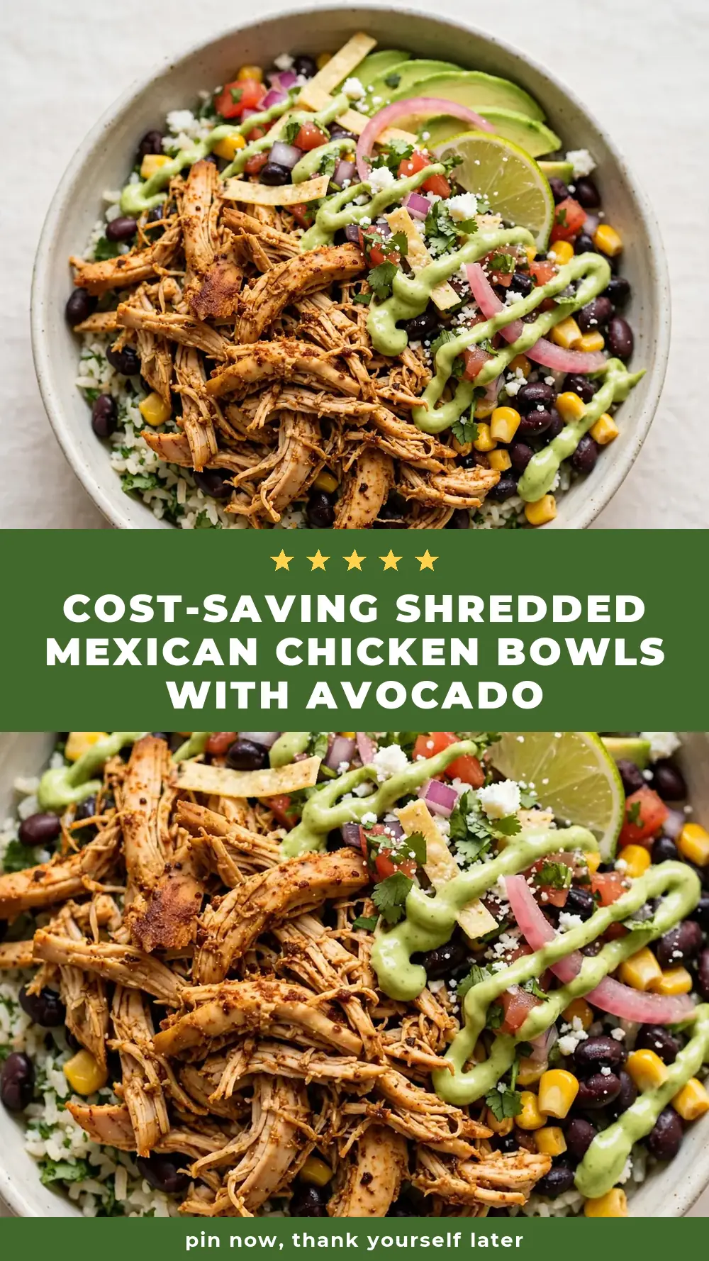 Save Shredded Mexican Chicken Bowls with Avocado Crema to Pinterest