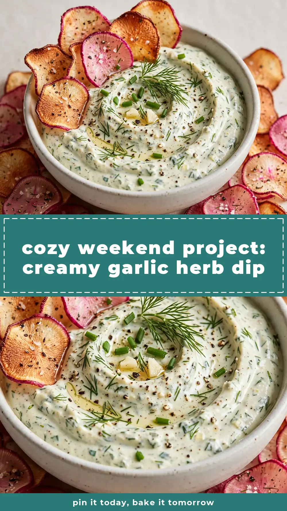 Save Creamy Garlic Herb Dip with Radish Chips to Pinterest