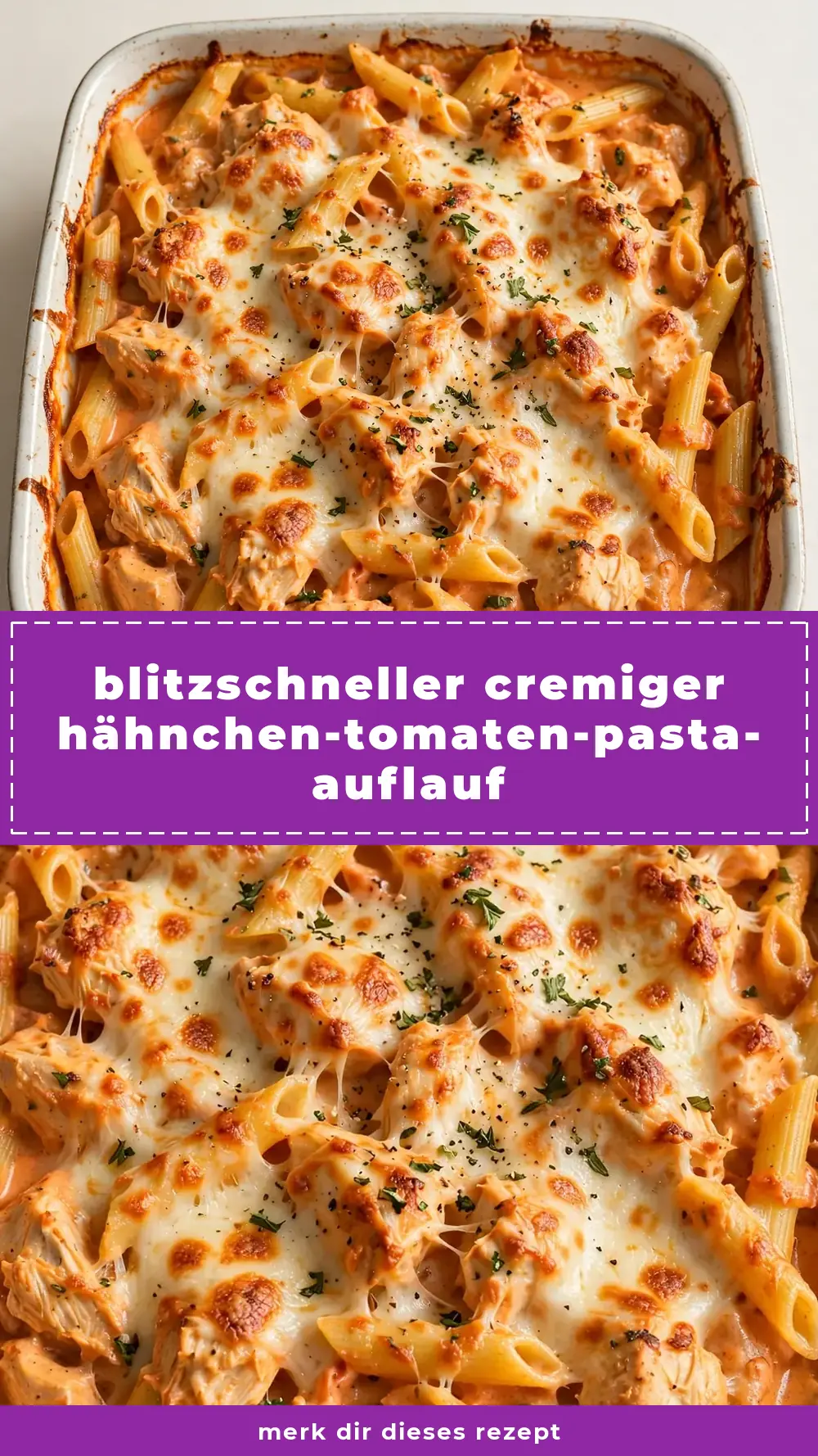 Save creamy tomato chicken pasta bake to Pinterest