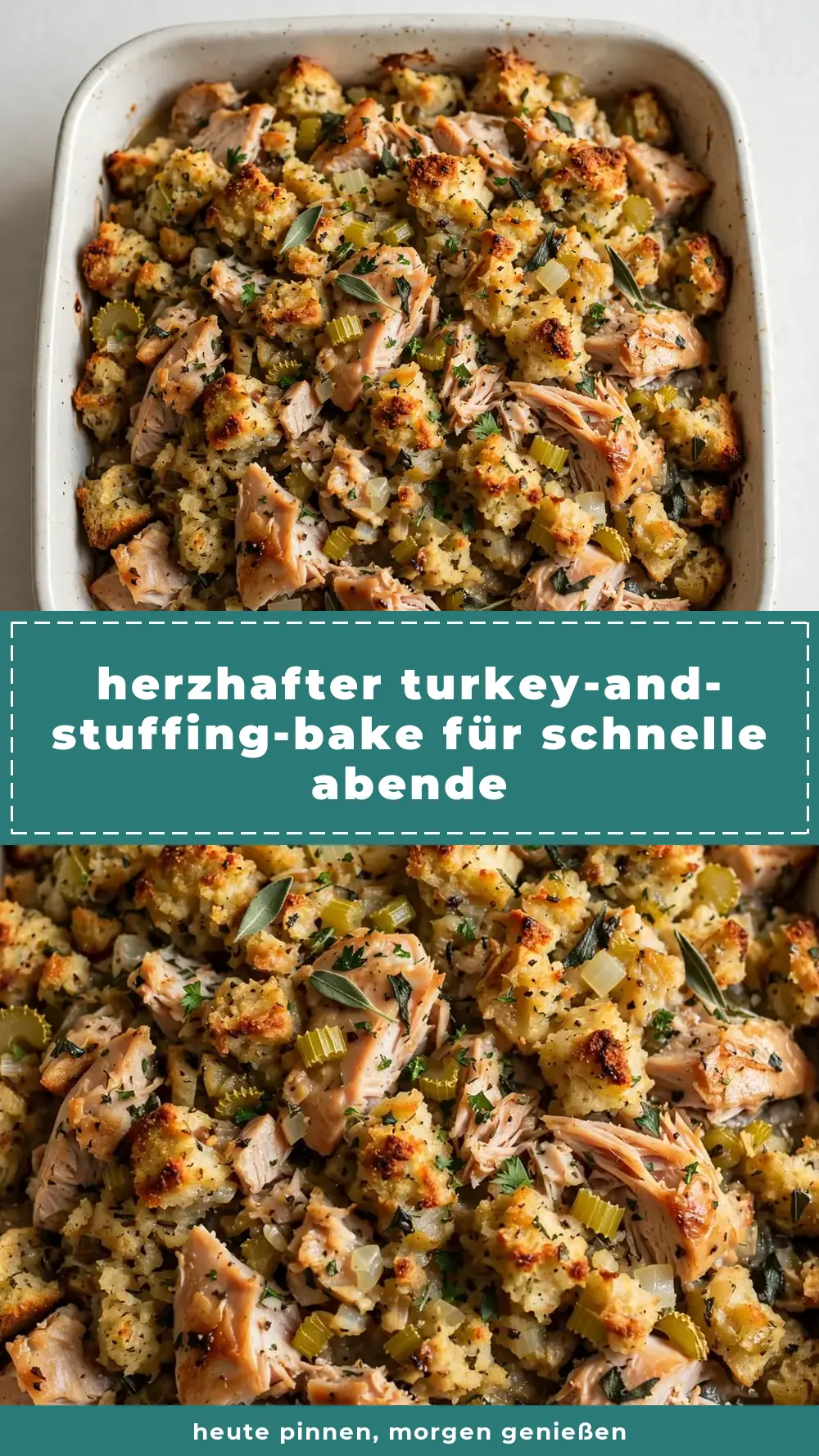 Save hearty turkey and stuffing bake to Pinterest