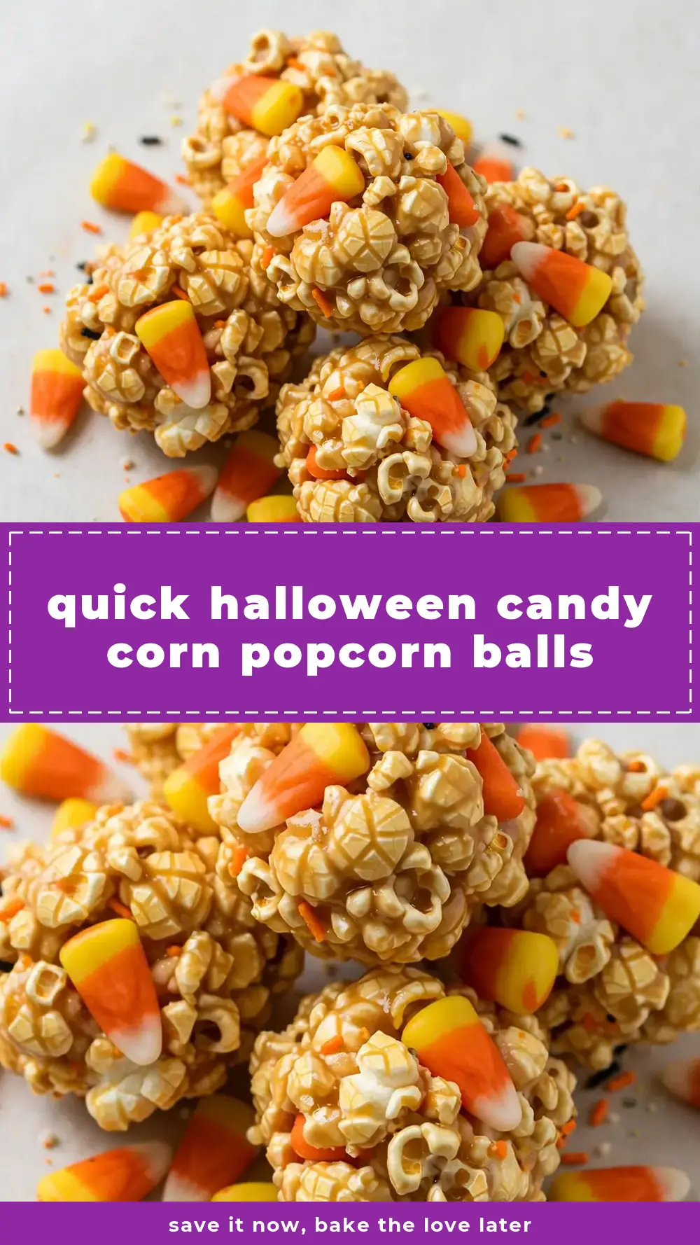 Save halloween popcorn balls with candy corn to Pinterest