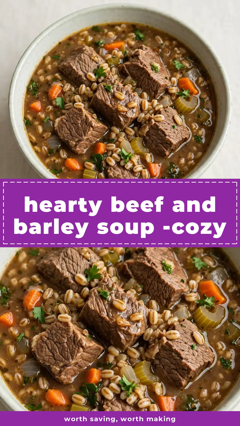 Save beef and barley soup hearty to Pinterest