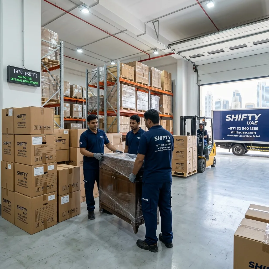Climate-controlled storage facility interior in Dubai with sealed units protecting furniture and boxes from heat and humidity