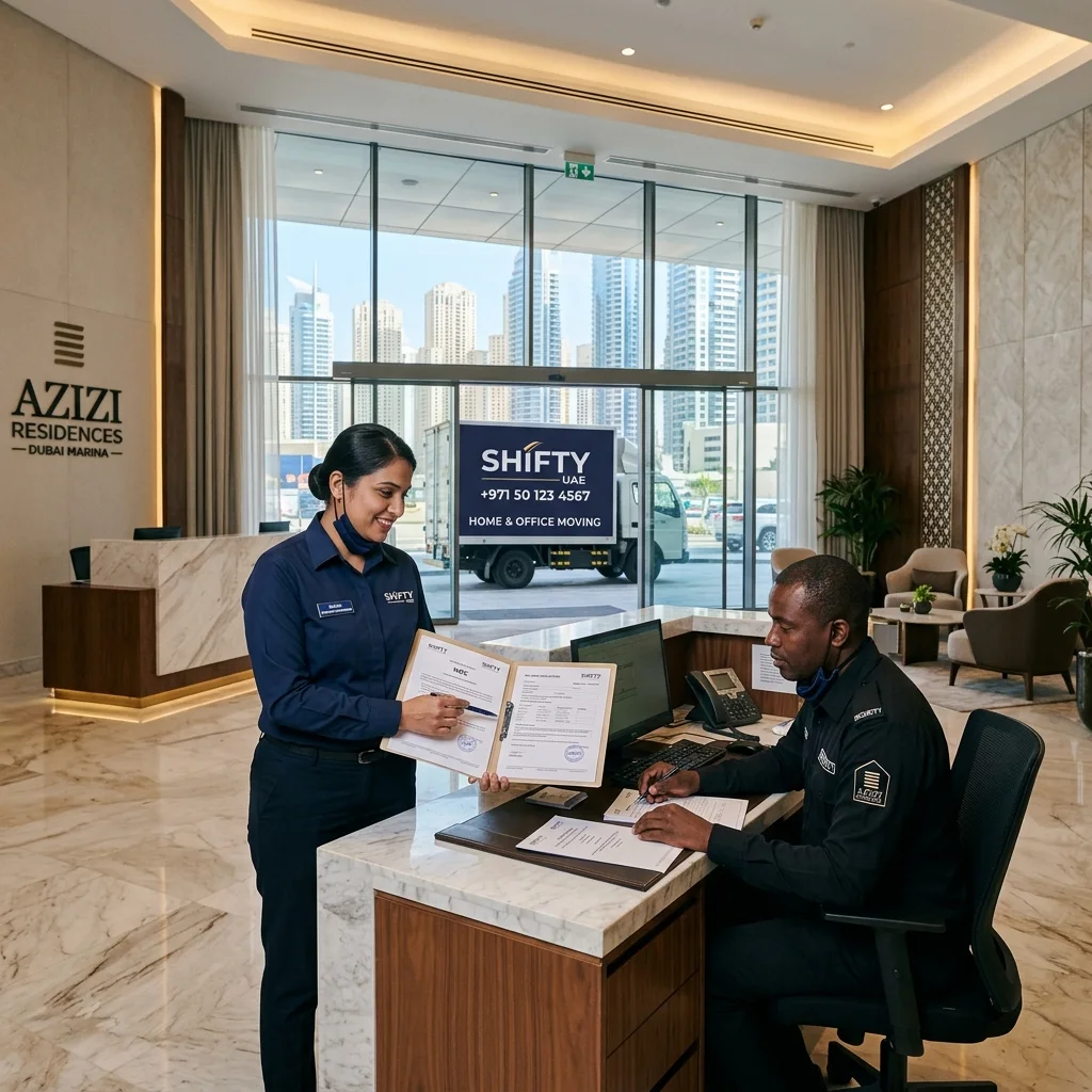 Professional moving crew deploying floor runners and corner guards in a Dubai high-rise apartment corridor before a move