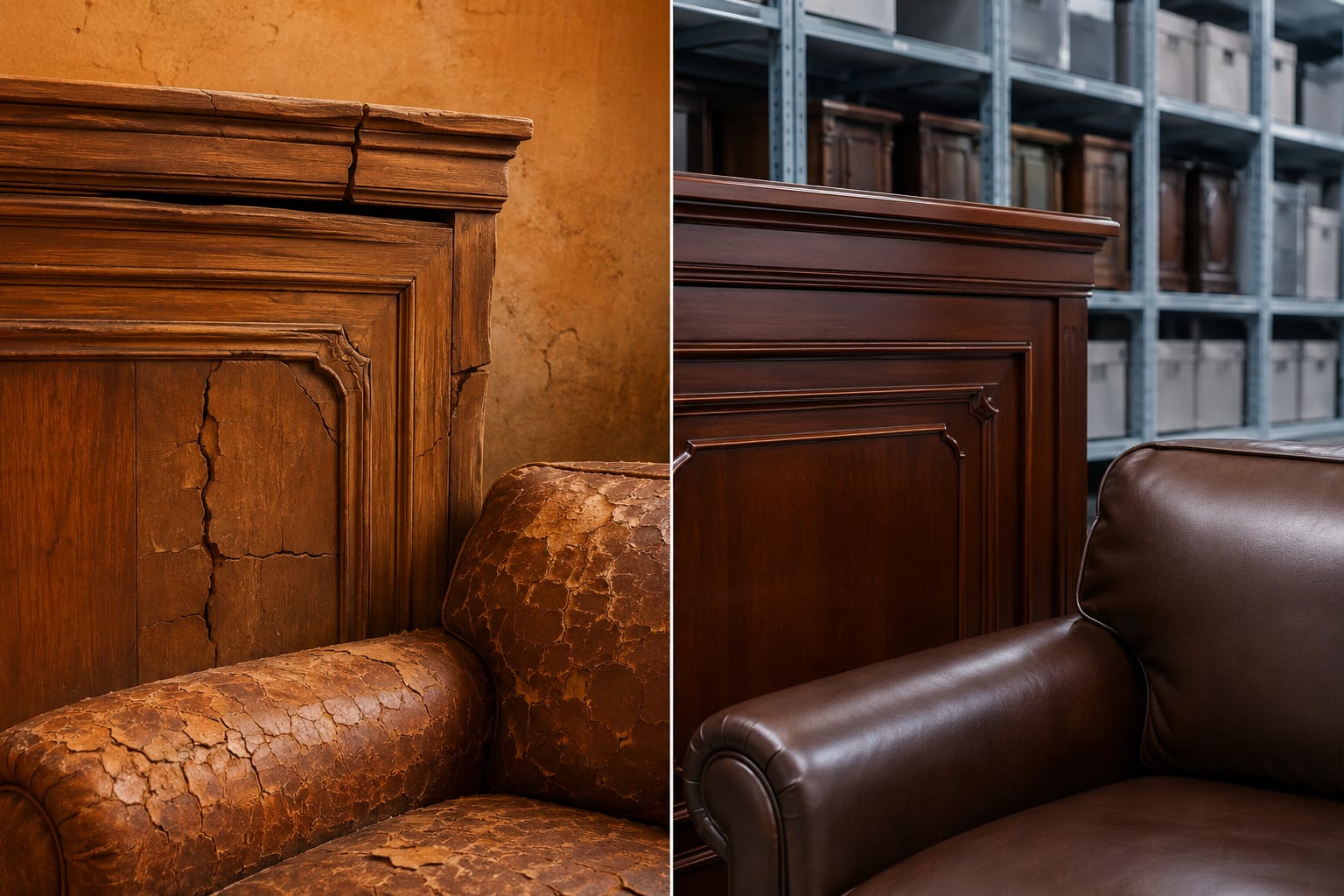 Comparison showing heat-damaged warped wood and cracked leather versus furniture preserved in climate-controlled storage in Dubai