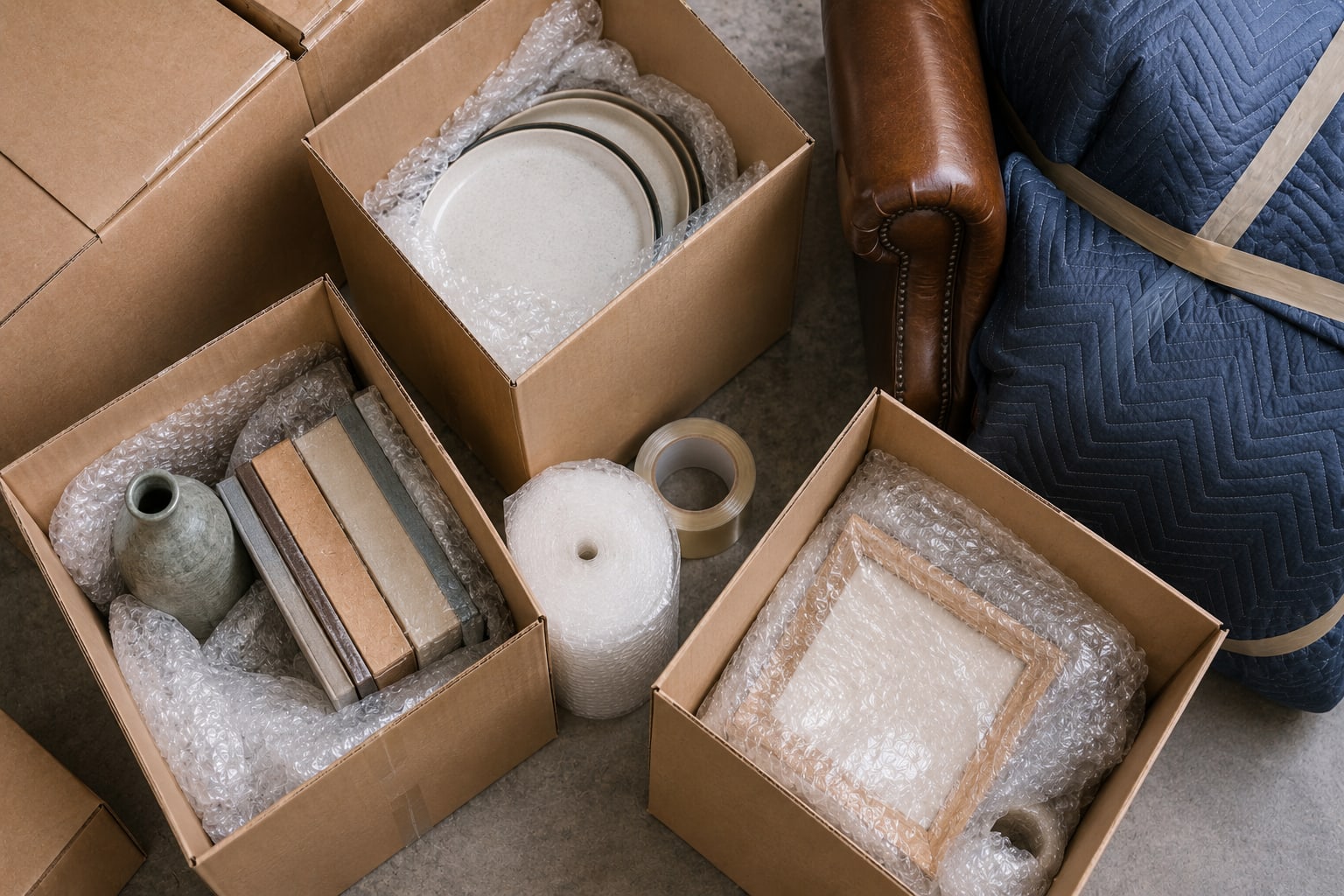 Professionally labeled moving boxes and wrapped leather furniture prepared for storage in Dubai