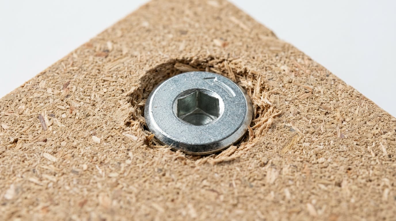 Close-up of cam lock fastener in particleboard showing composite wood fibre compression around joint