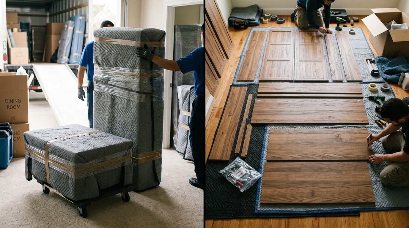 Comparison showing small furniture moved assembled versus large wardrobe panels disassembled for Dubai apartment move
