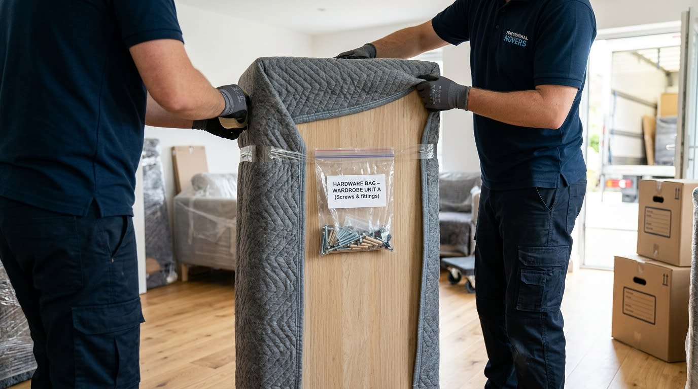 Moving crew wrapping flat-pack furniture panel in protective blanket with labelled hardware bag attached