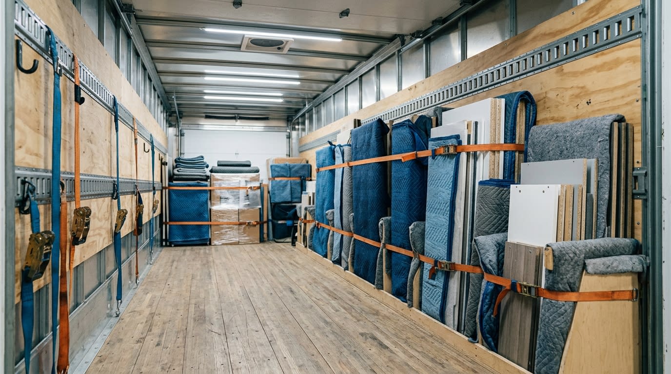 Flat-pack furniture panels securely wrapped and strapped inside a professional moving truck in Dubai