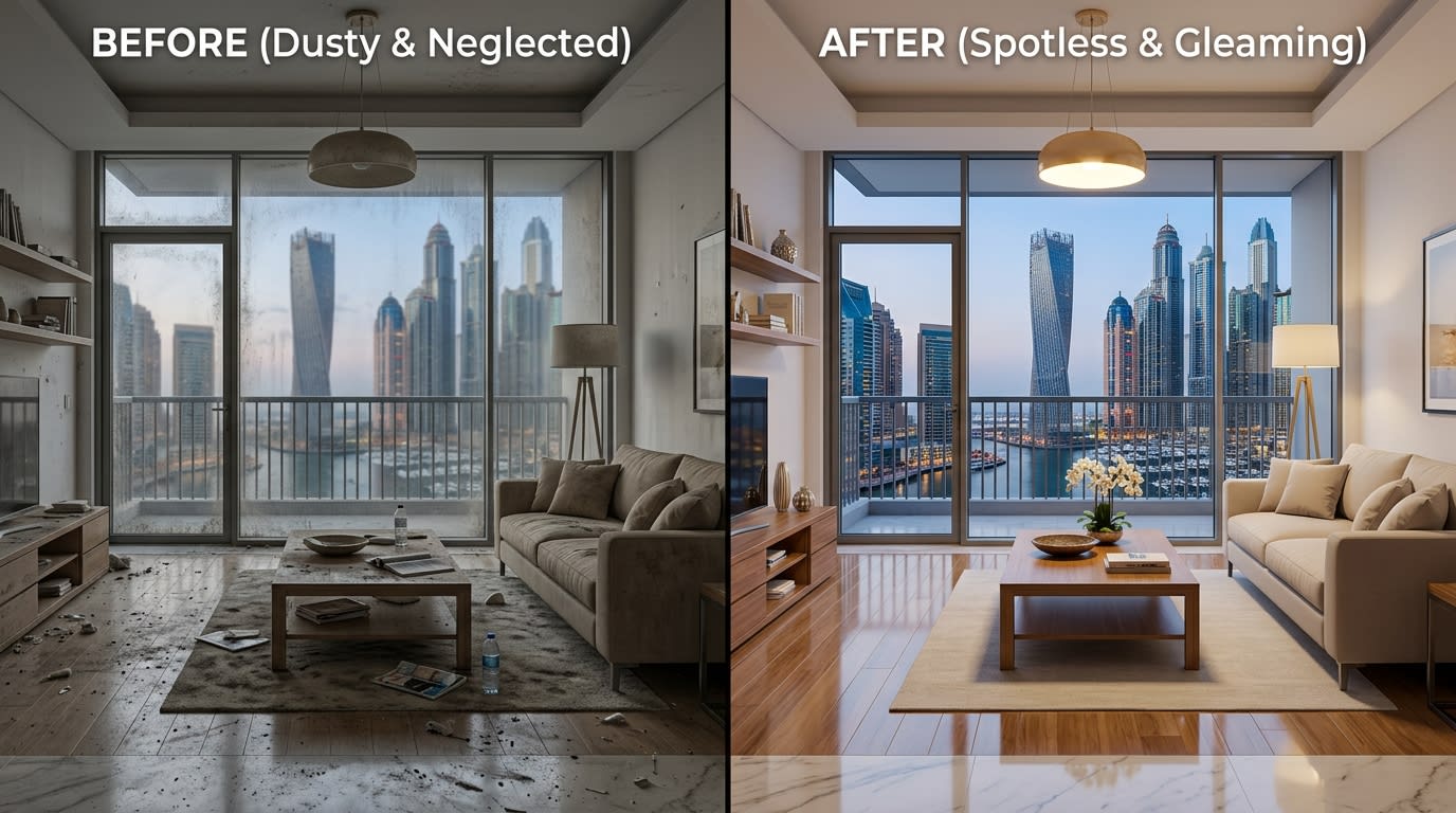 Deep cleaning before and after Dubai apartment professional Results by Karigar UAE