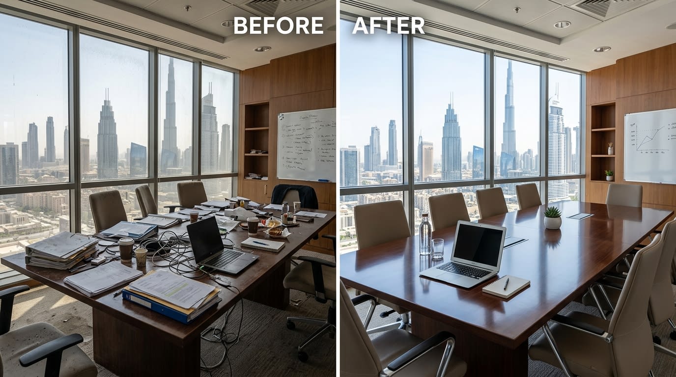 Office cleaning before and after Dubai professional results 
by Karigar UAE cleaning services