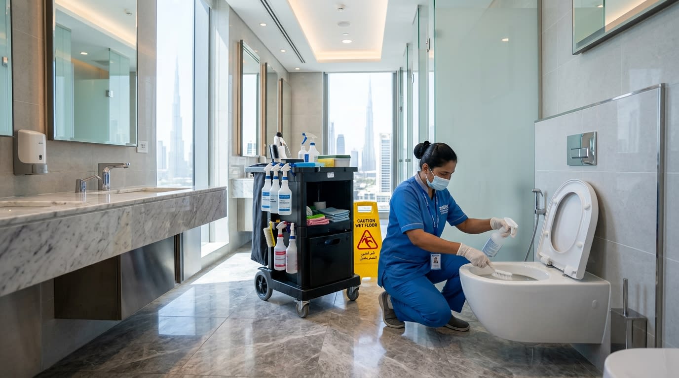Office restroom professional cleaning Dubai sanitization 
and disinfection by Karigar UAE