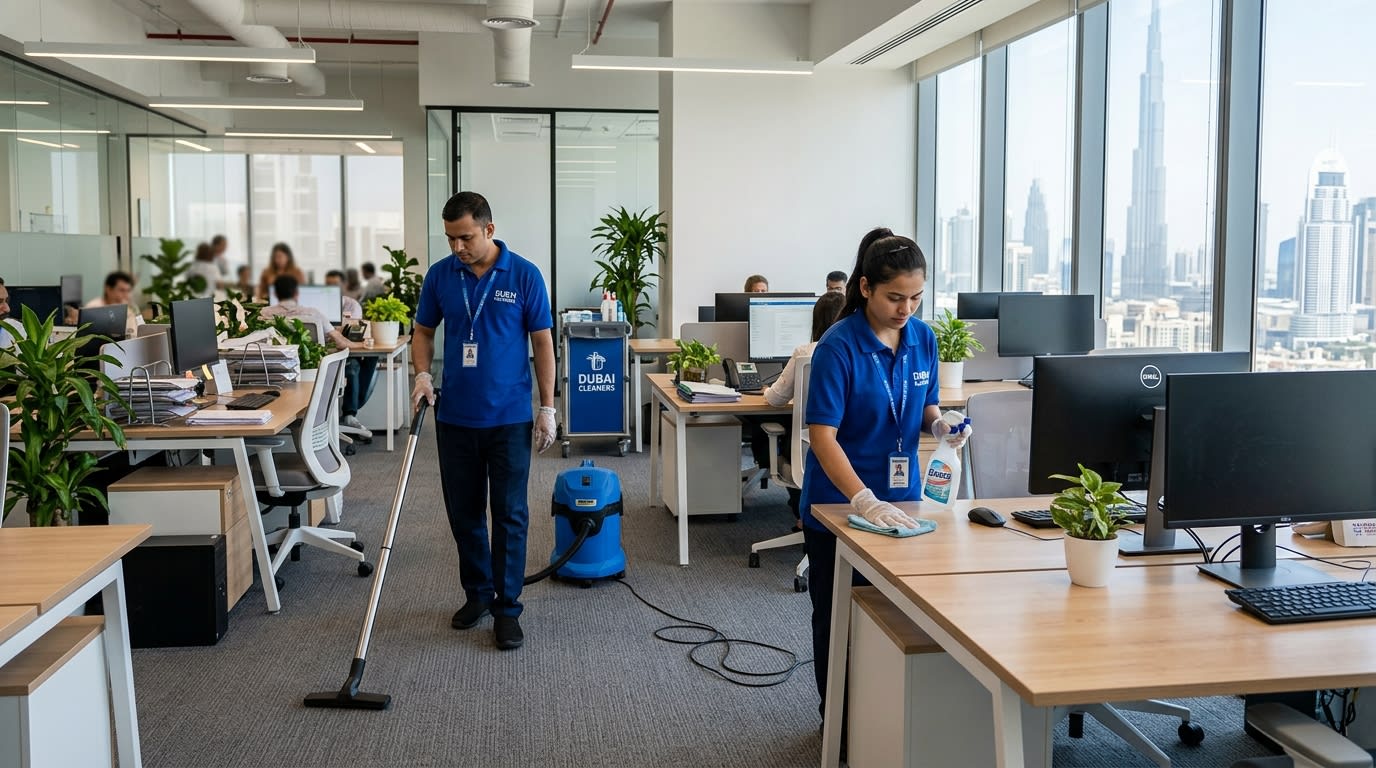 Professional team office cleaning Dubai open-plan workspace Maintenance by Karigar UAE