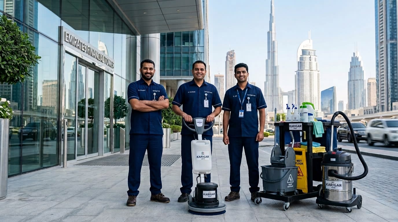 Book office cleaning Dubai Karigar UAE professional team available for immediate booking across all Dubai business districts