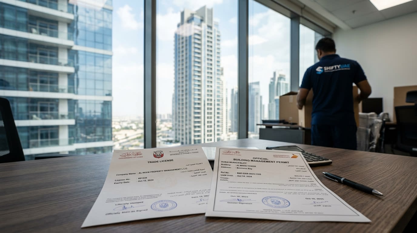 Building management NOC permit documents and trade license required for a high-rise move in Dubai