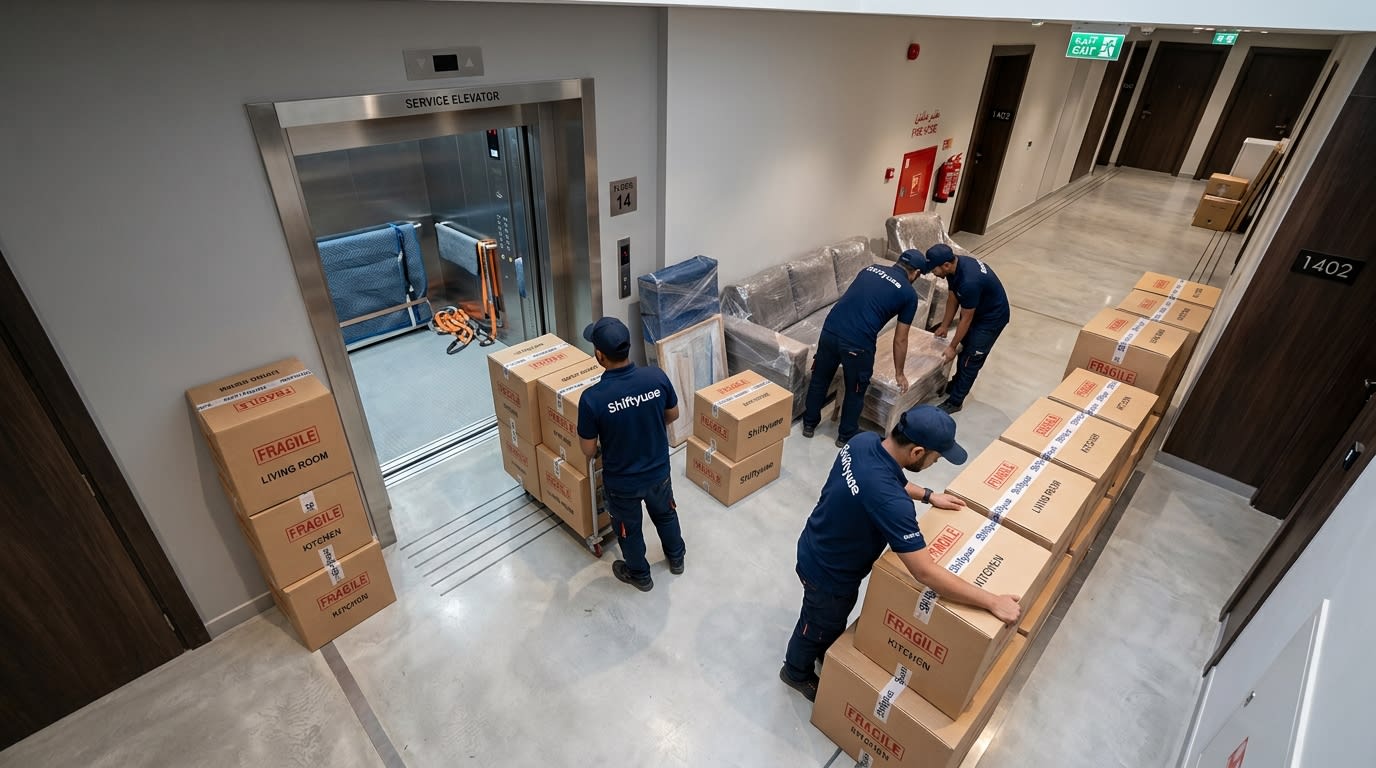 Professional movers staging packed boxes in a Dubai high-rise corridor for efficient service elevator loading cycles