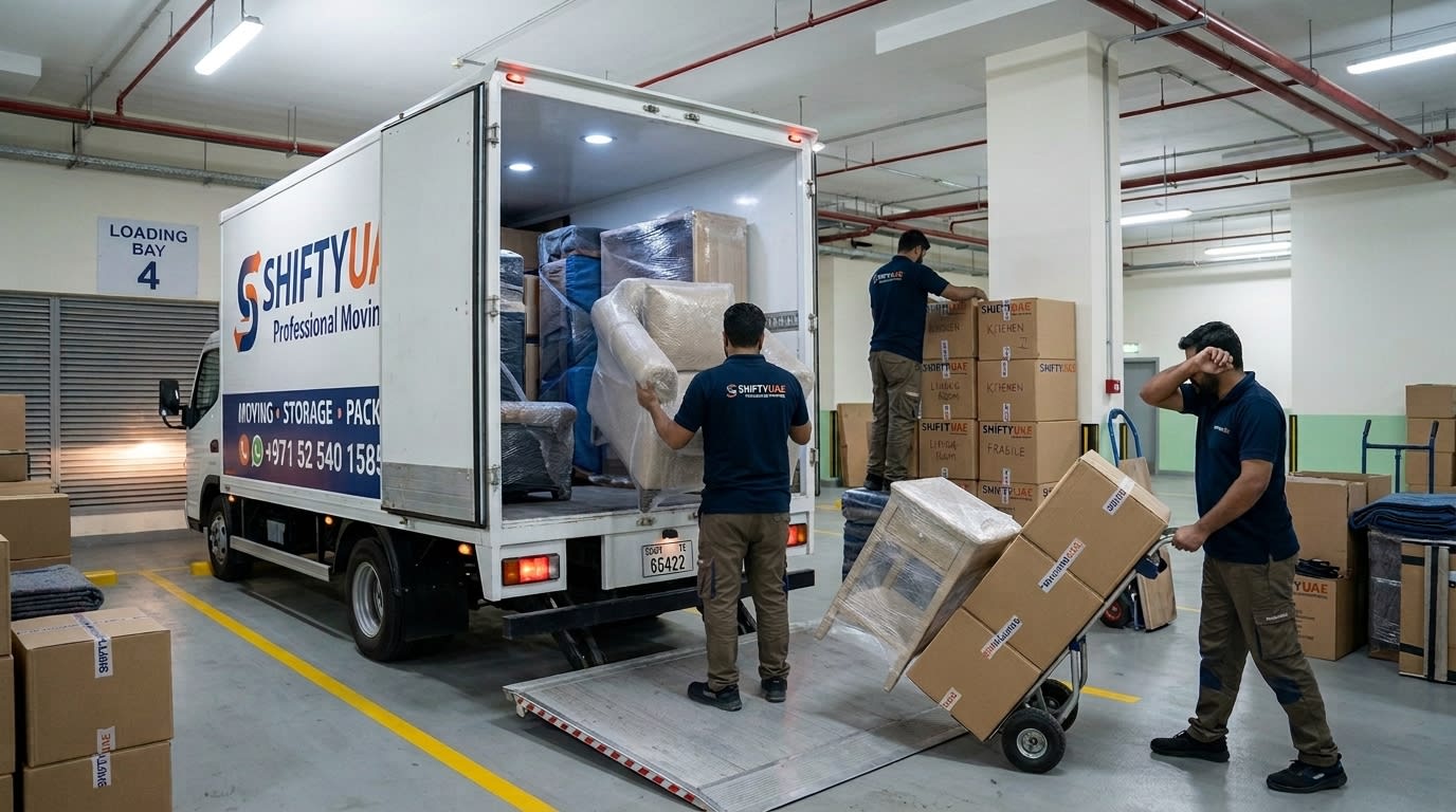 Low-clearance professional moving van accessing a Dubai high-rise basement loading bay with restricted overhead clearance