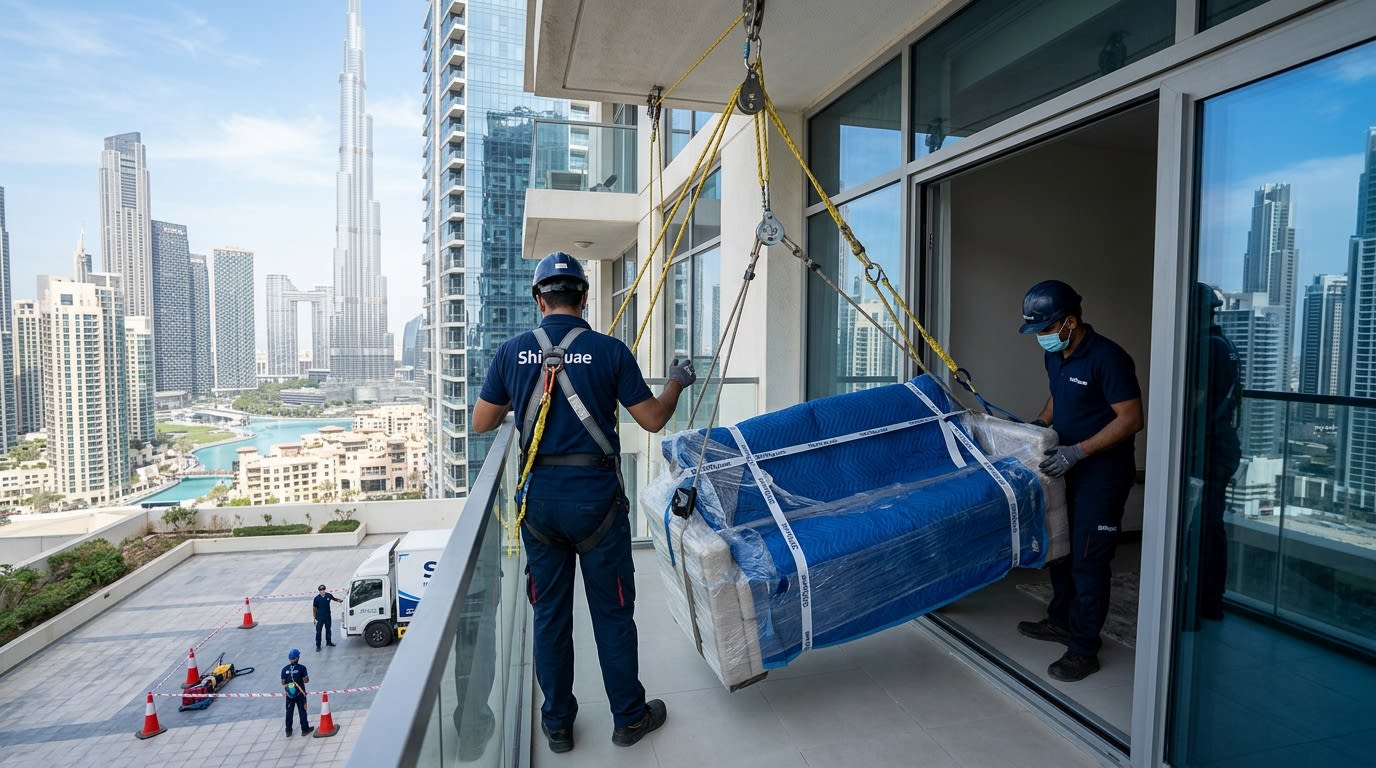 Professional movers using certified rope and pulley system to hoist oversized furniture through a Dubai high-rise apartment balcony