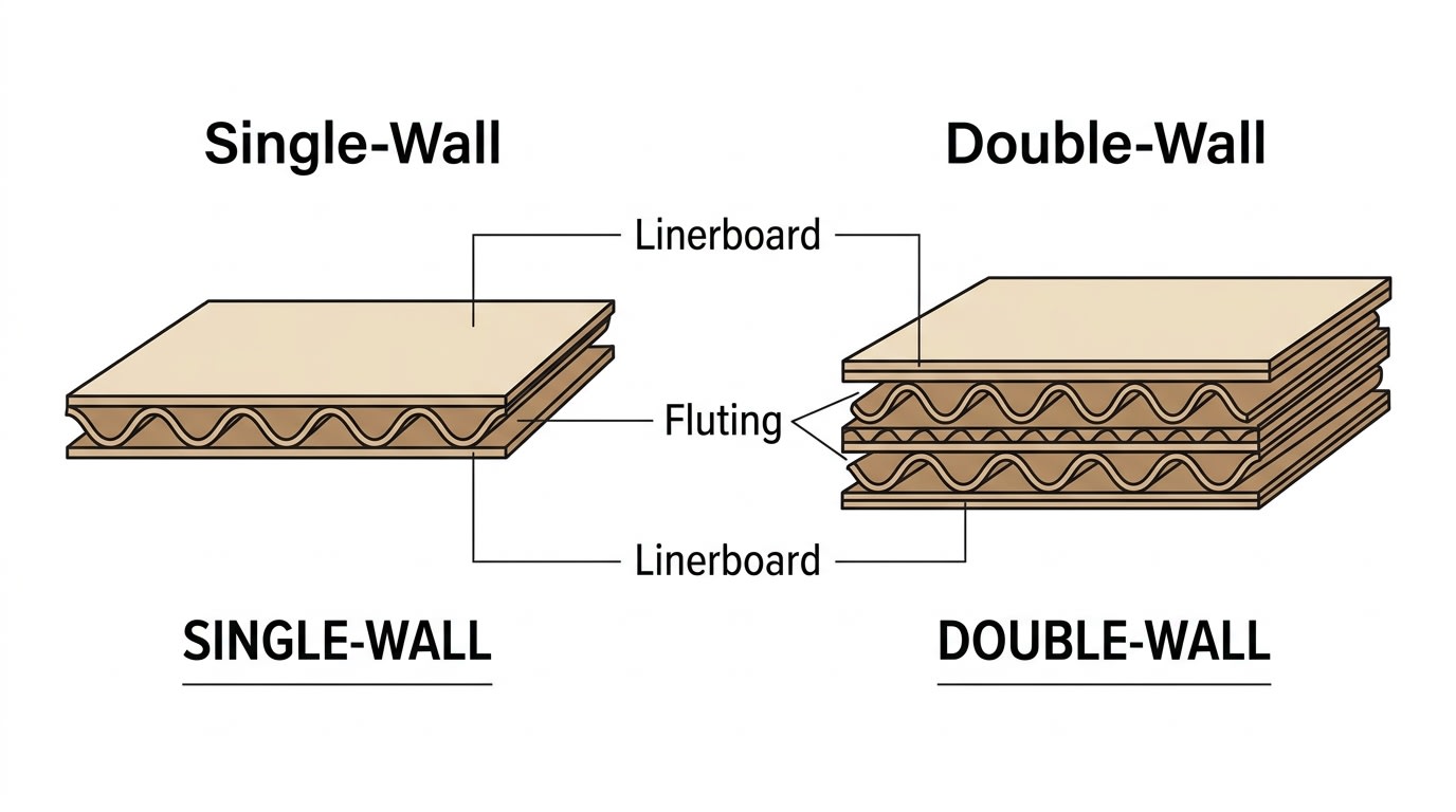 Cross-section diagram comparing single-wall and double-wall corrugated cardboard construction showing fluting layers