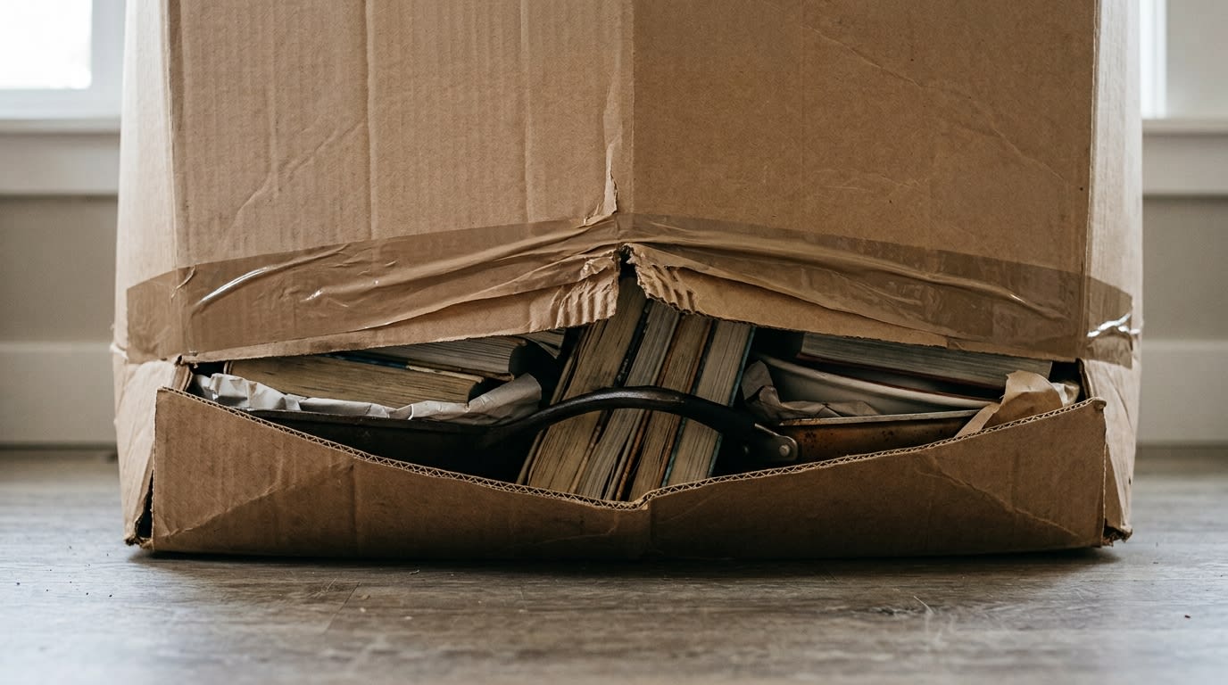 Comparison of a cardboard moving box versus a heavy-duty plastic crate exposed to Dubai summer heat outside a residential building