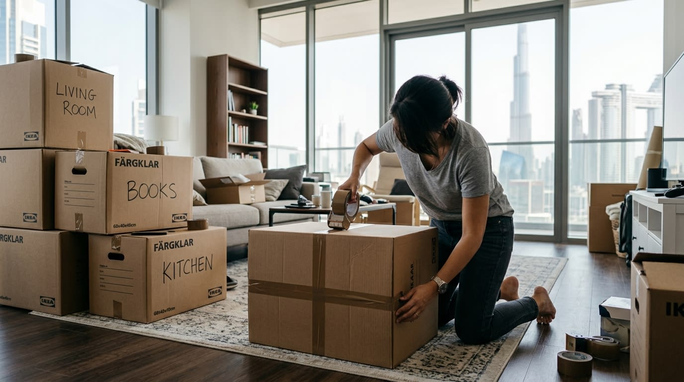 Person reinforcing IKEA moving box bottom with H-pattern packing tape in a Dubai apartment before a home move